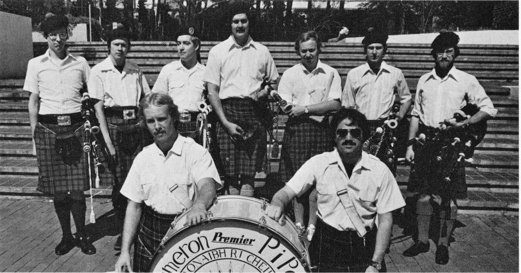 Clan Cameron Pipe Band in 1978 – Pipers Joe Seibert, John Sprague, Tim Cole, Ruffin Hobbs, Kent Love (Bass), Peter Kent, and Chuck Henry; Drummers Eddie Asten and Mike McPherson